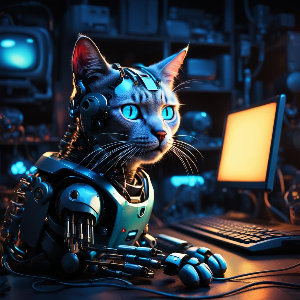 Whimsical Robot Cat in a Dimly Lit Room