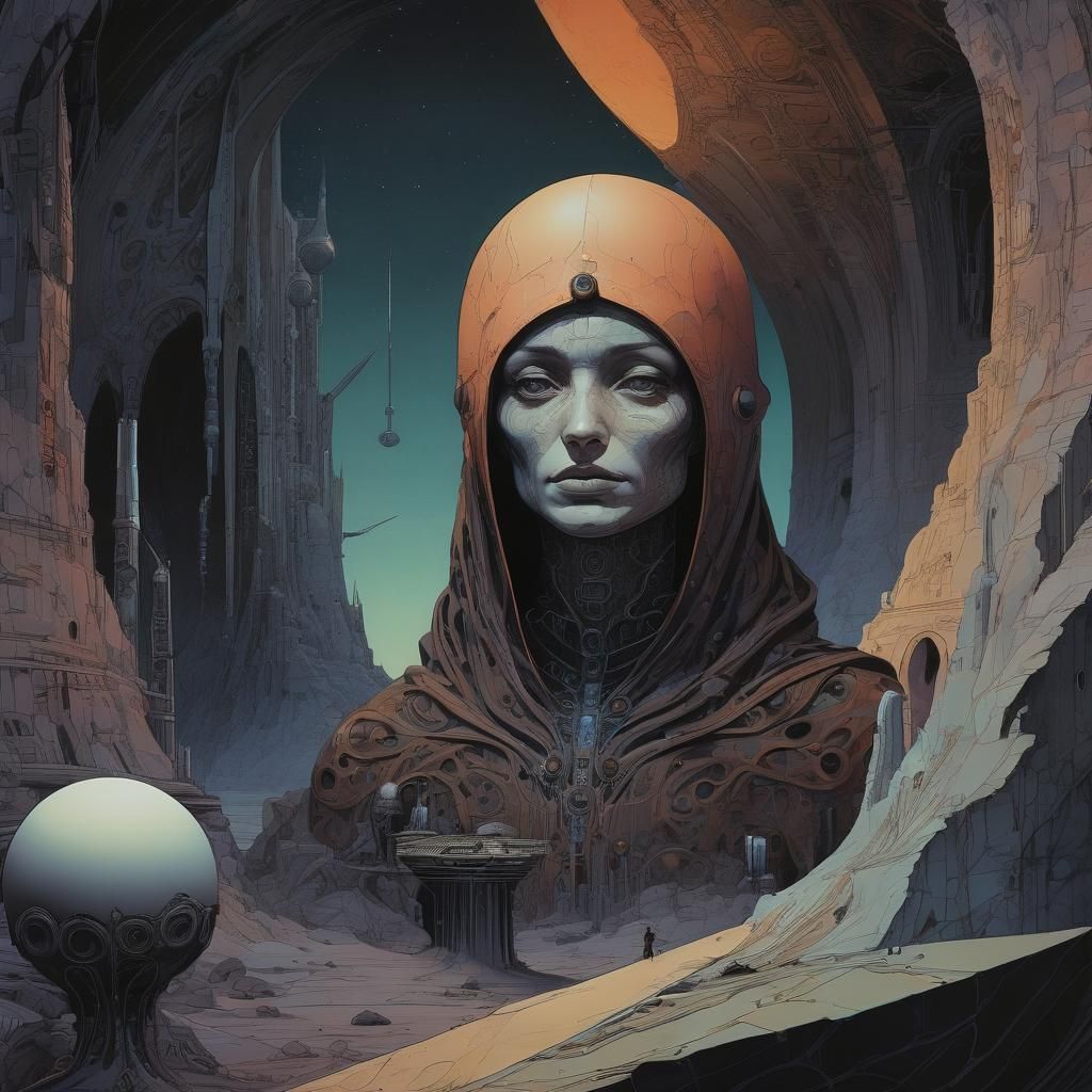 Moebius Style Dark Gothic Sci-Fi Painting