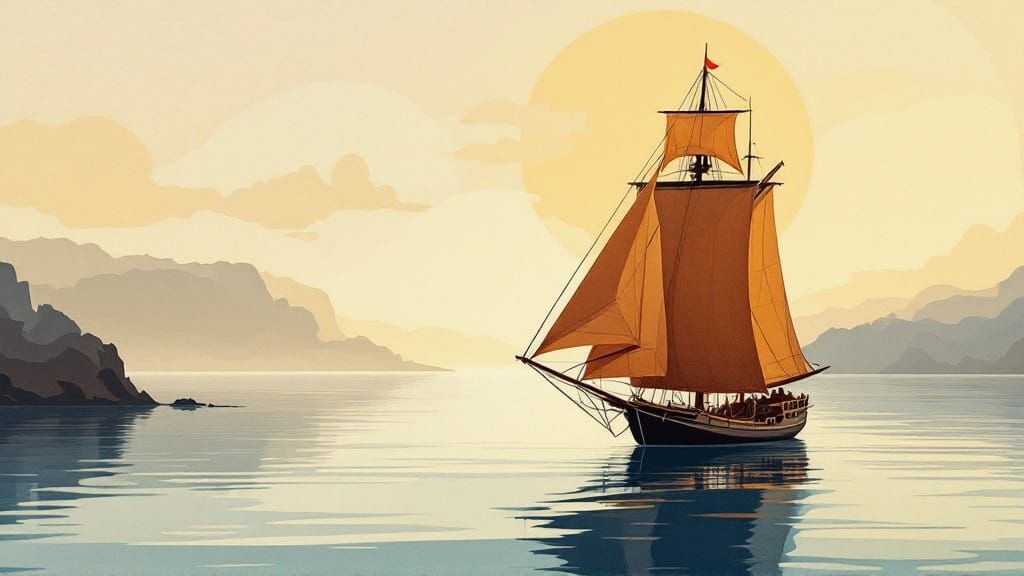 Cut-Paper Collage of a Weathered Sailing Ship on Misty Water...