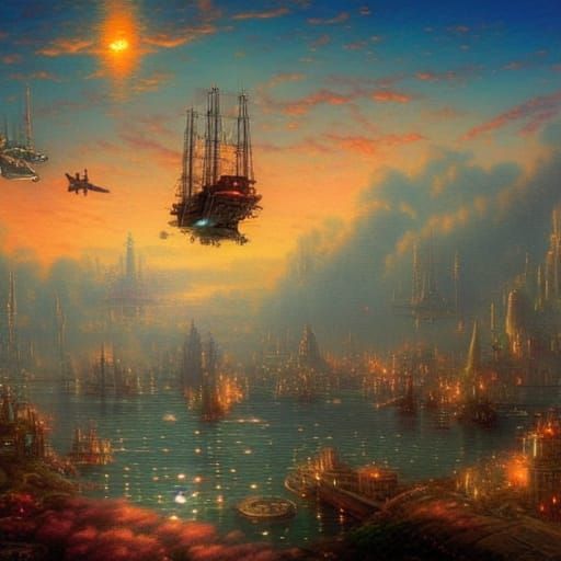 Steampunk Floating City with Zeppelins in Red Sky