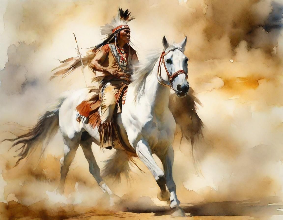 Native American Warrior on Horseback in Watercolor Style