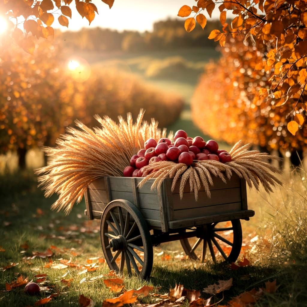 Autumn Harvest Cart Overflowing with Apples and Wheat