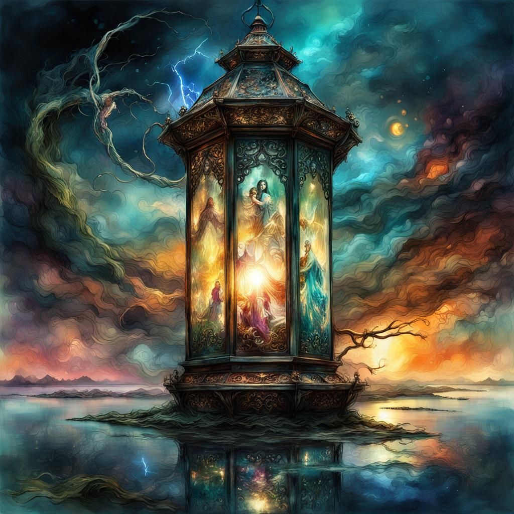 Genie in Ornate Lantern at Sunset, Watercolor Art
