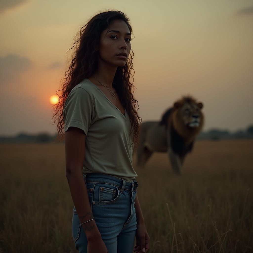 African Savannah: Woman with Lion, Cinematic Digital Art