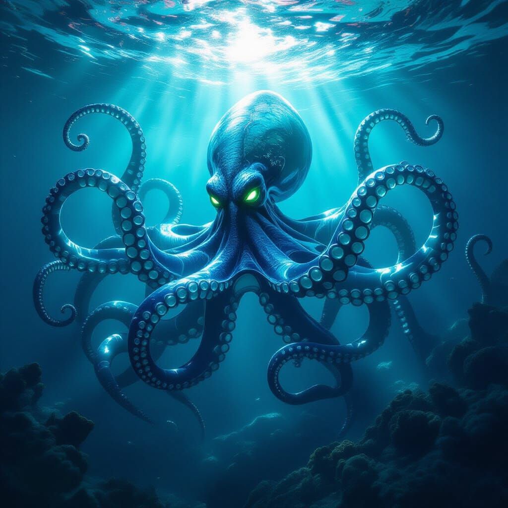 Colossal Glass Kraken in Ethereal Ocean Depths