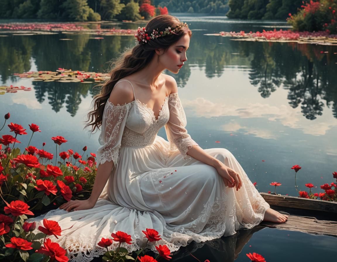 Ethereal Woman with Flowers: Dreamy Watercolor Painting