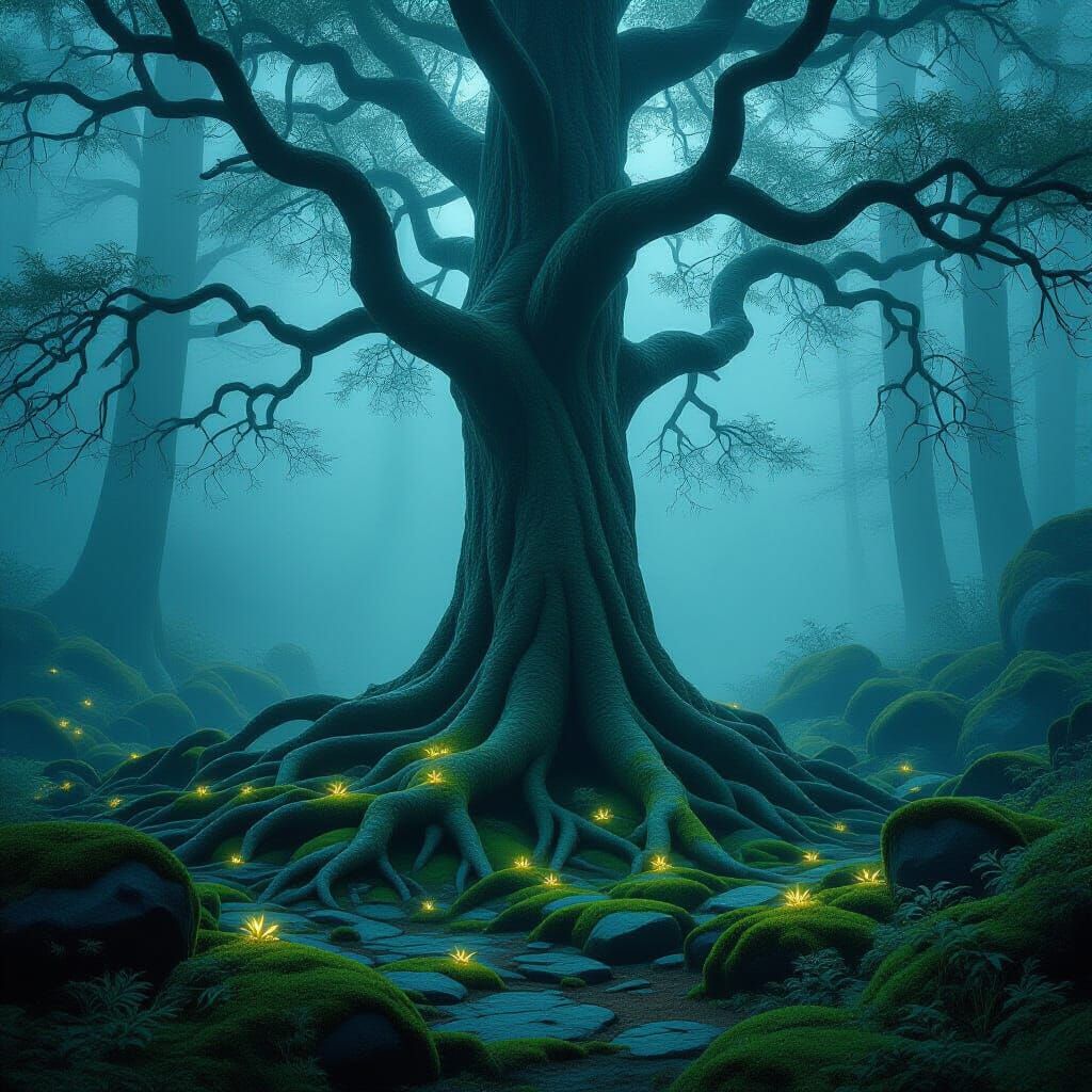 Ancient Tree in Ethereal Forest Clearing