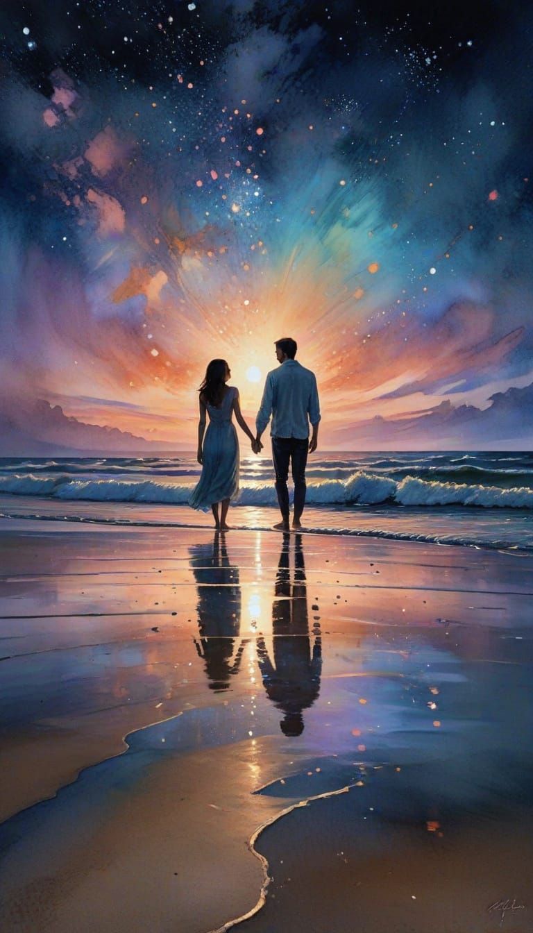 Couple's Cosmic Romance on a Twilight Beach