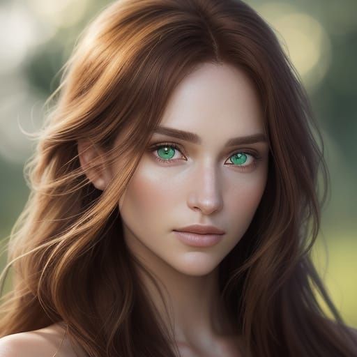 Radiant Woman in Golden-Hour Glow, Chestnut Hair, and Emeral...