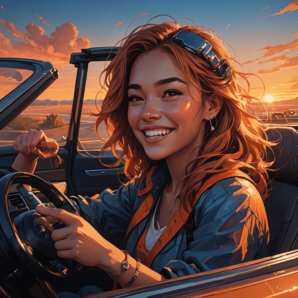 Girl Driving at Dawn in Andreas Rocha Style