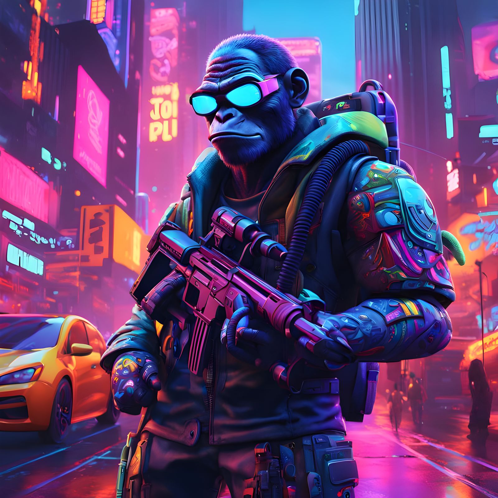 Cyberpunk Warrior Ape in Neon City Skyline