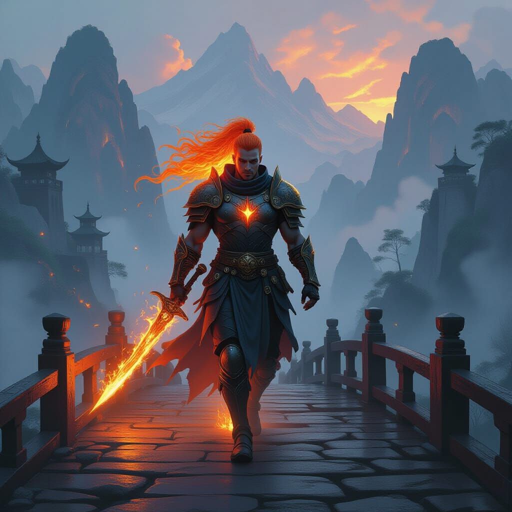 Fiery Warrior Crossing Misty Ancient Bridge