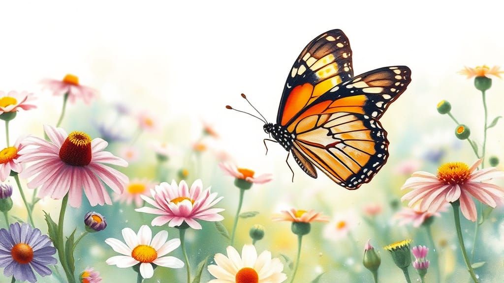 Butterfly in Flowery Meadow as Watercolor Painting