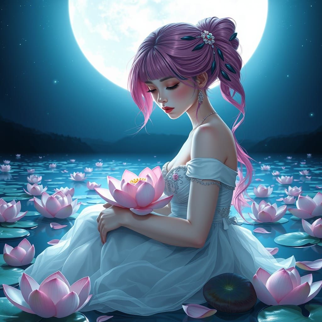 Ethereal Woman with Lotus Flower in Moonlit Lake