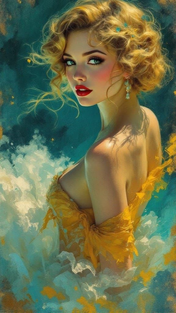 Golden Goddess Emerging from Oceanic Mist in Impressionist S...