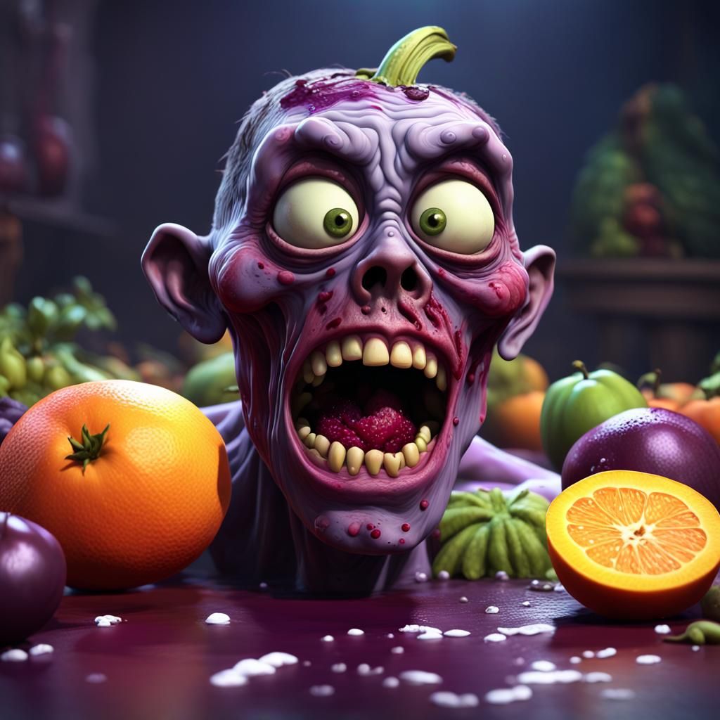 Hyperrealistic Zombie Aubergine in a Fruit Wonderland