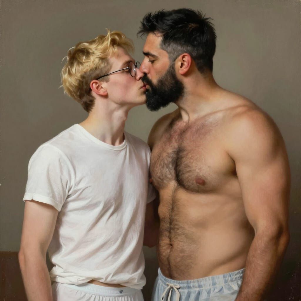 Intimate Moment: Muscular Man Kisses Younger Partner in Pain...