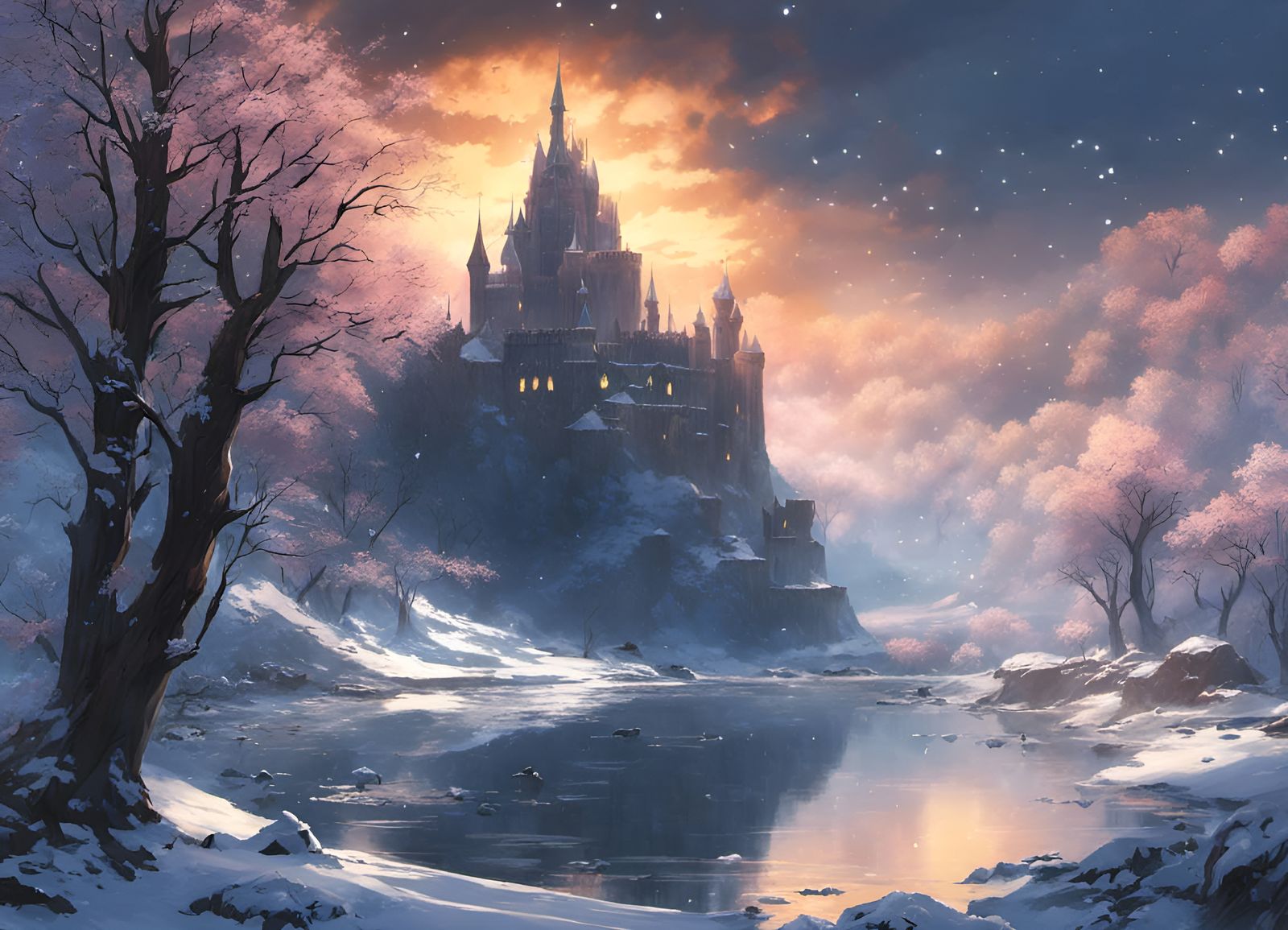 Anime Esper Flying Over Snowy Castle Ruins