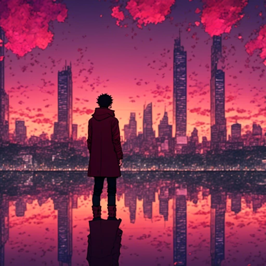 City Skyline at Sunset in Studio Ghibli Style