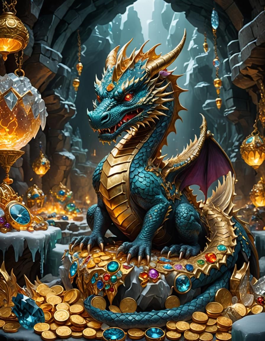 Dragon in Ice Cavern with Gold and Jewels