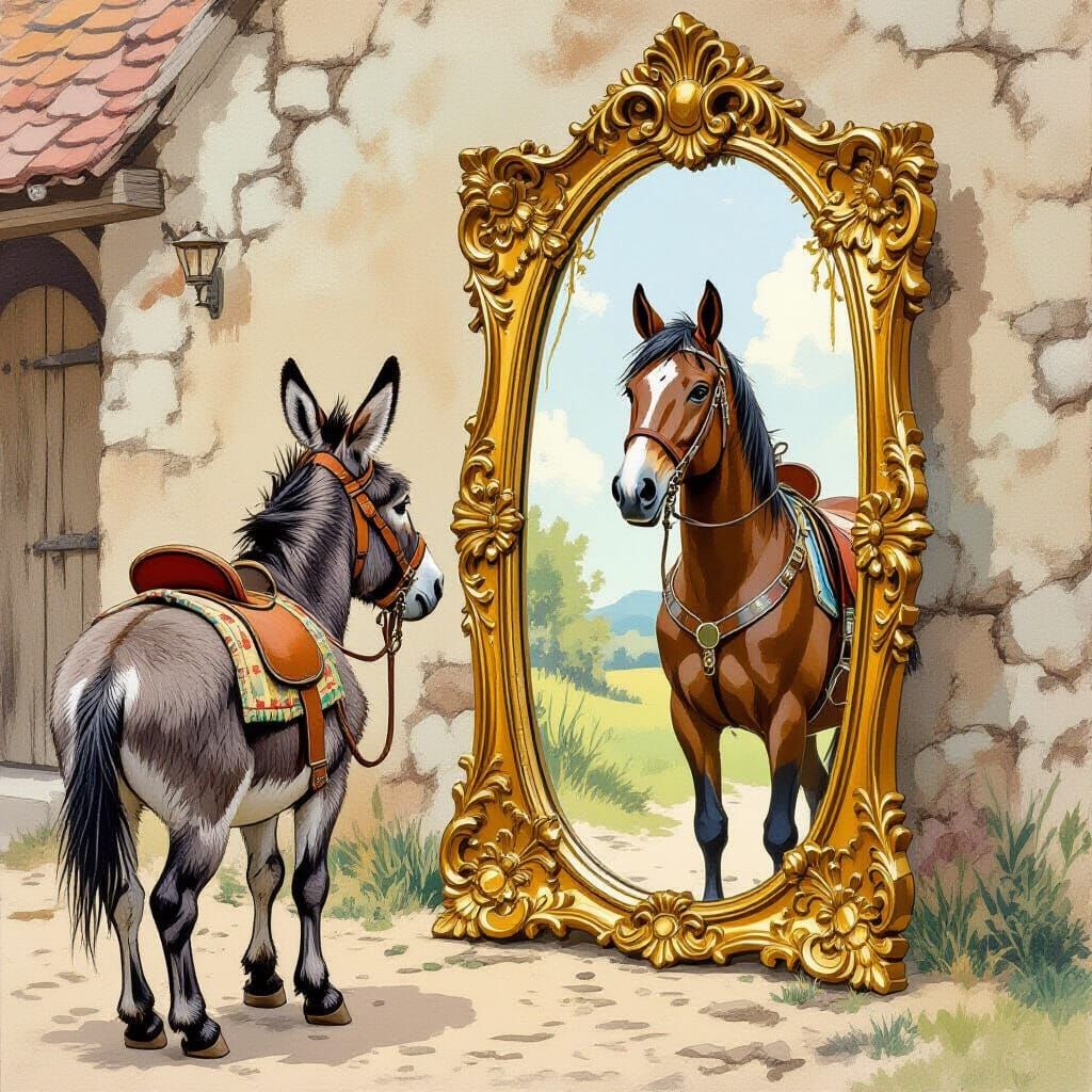 Donkey and Magic Mirror Reflection of a Horse