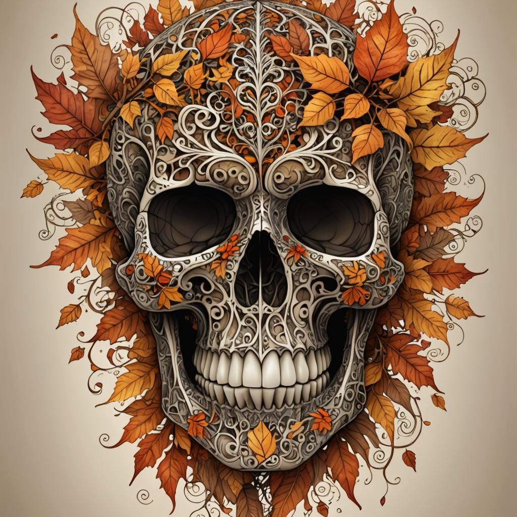 Fractal Autumn Skull Art as Intricate Zentangle