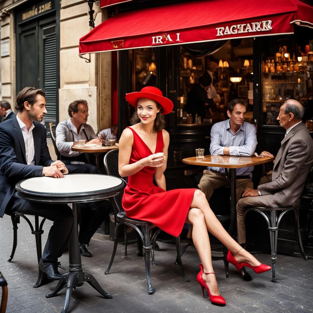 Woman in Red Dress at Parisian Cafe