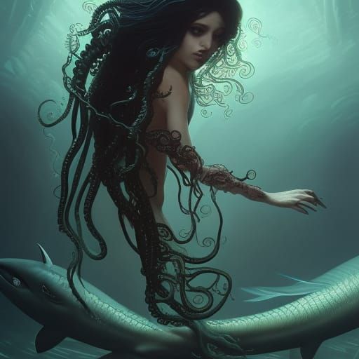 Gothic Mermaid with Sharks