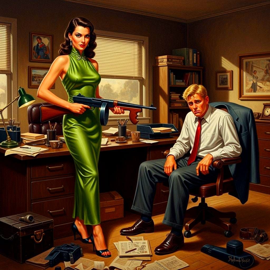 Film Noir Woman with Tommy Gun Painting