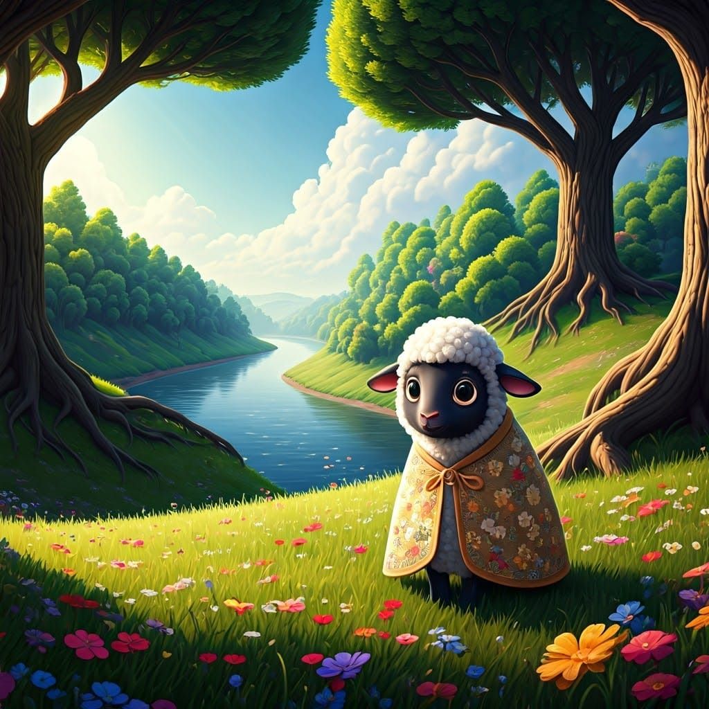 Cartoon Black Sheep with Human Eyes on Hillside