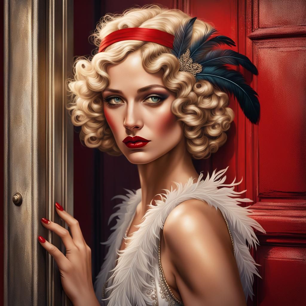 Roaring Twenties Woman with Red Lipstick, Hyperrealistic Art