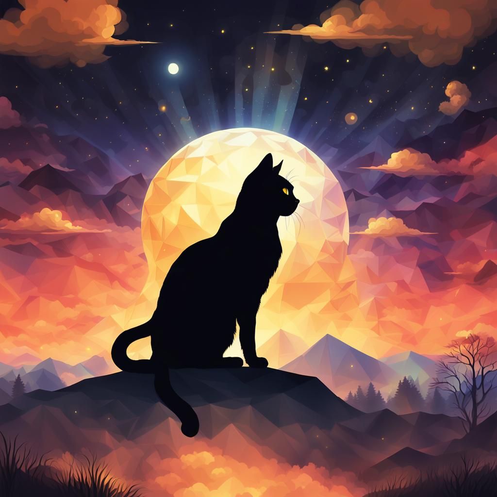 Black Cat Silhouette Under Moon in Low-Poly Style