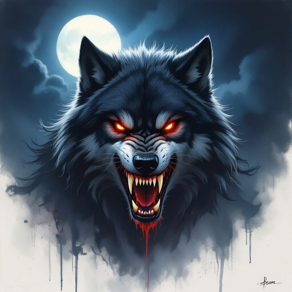 Menacing Wolf in Moonlight, Bloodied Fangs