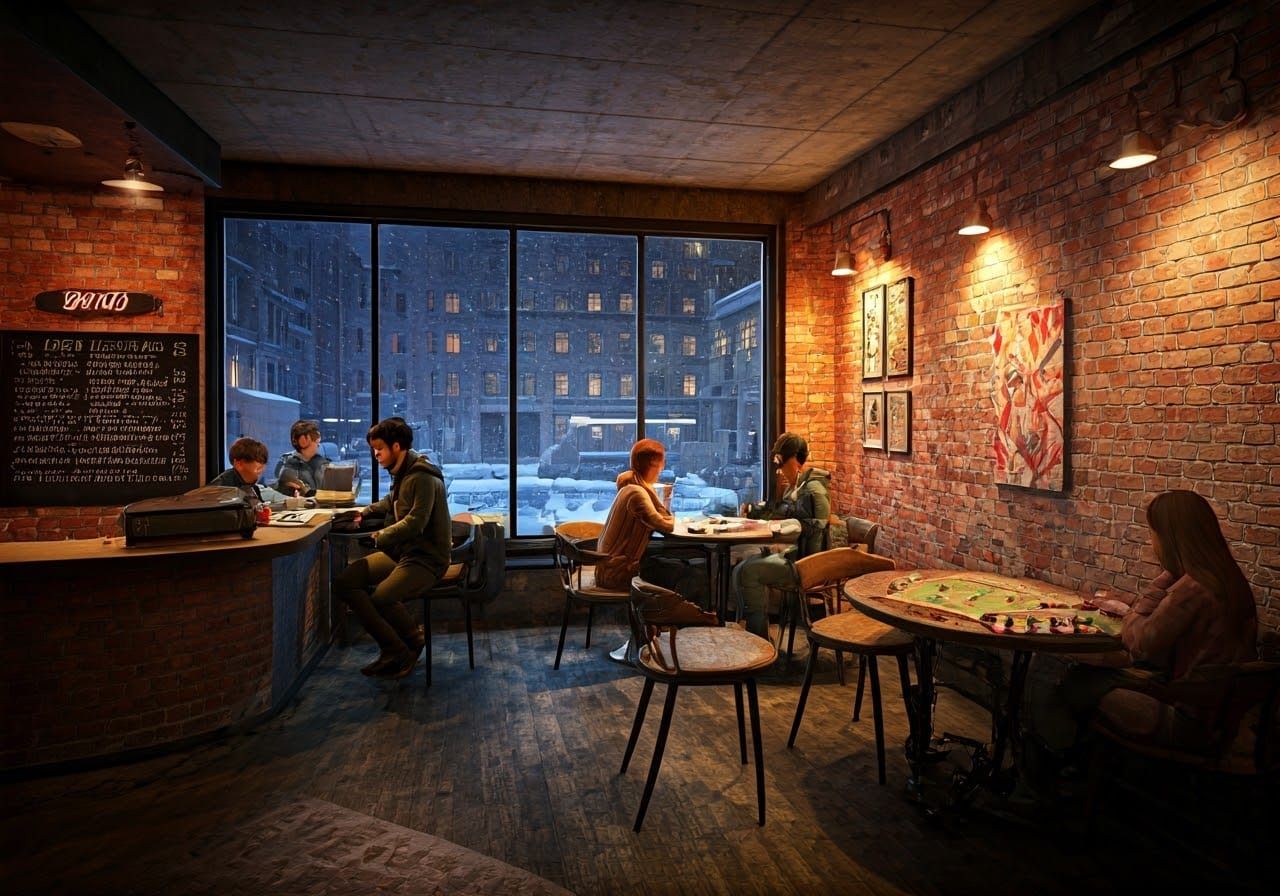 Cozy Winter Hipster Cafe Under the City Lights
