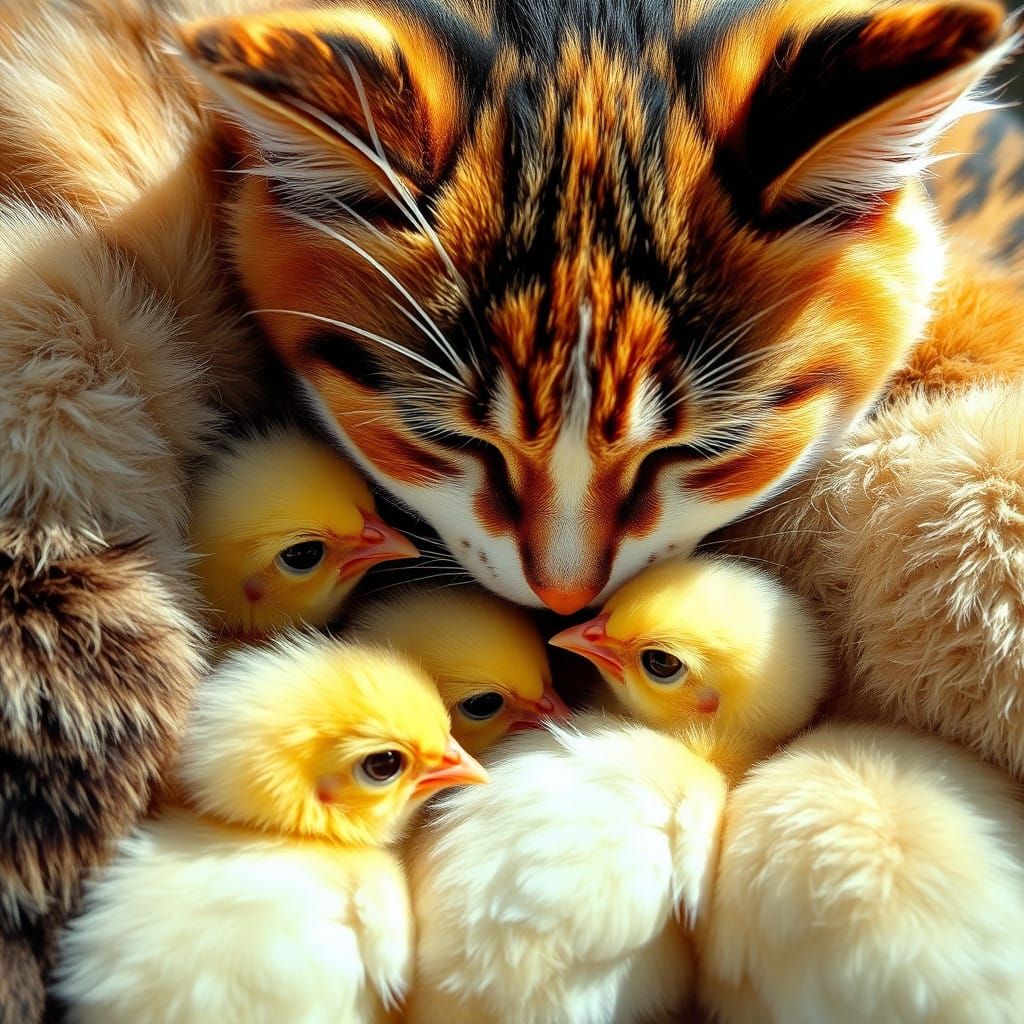 Chickens and Calico Cat in Warm Sunlit Cuddle