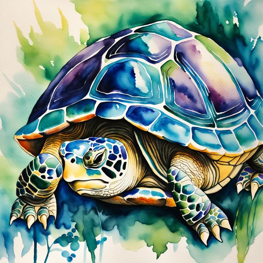 Japanese Turtle Watercolor Painting in Teal and Purple