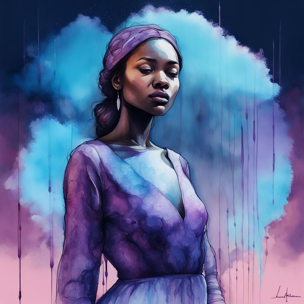 Esoteric Oil Painting of Ink Blot Woman with Wildflowers