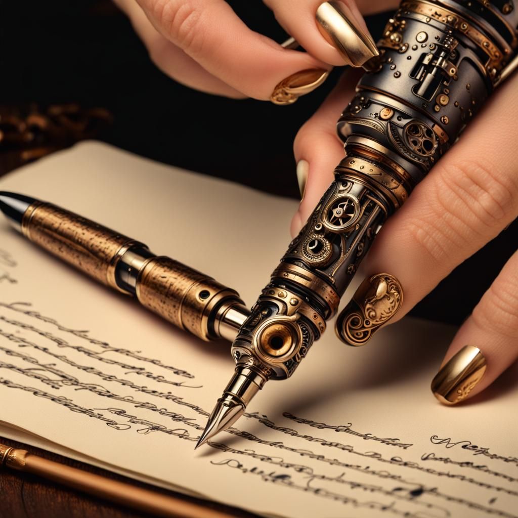 Steampunk Fountain Pen Held by Beautiful Model