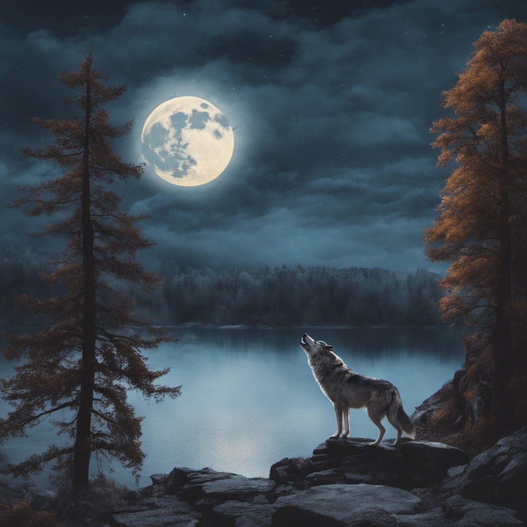 Wolf Howling at the Moon Over Lake