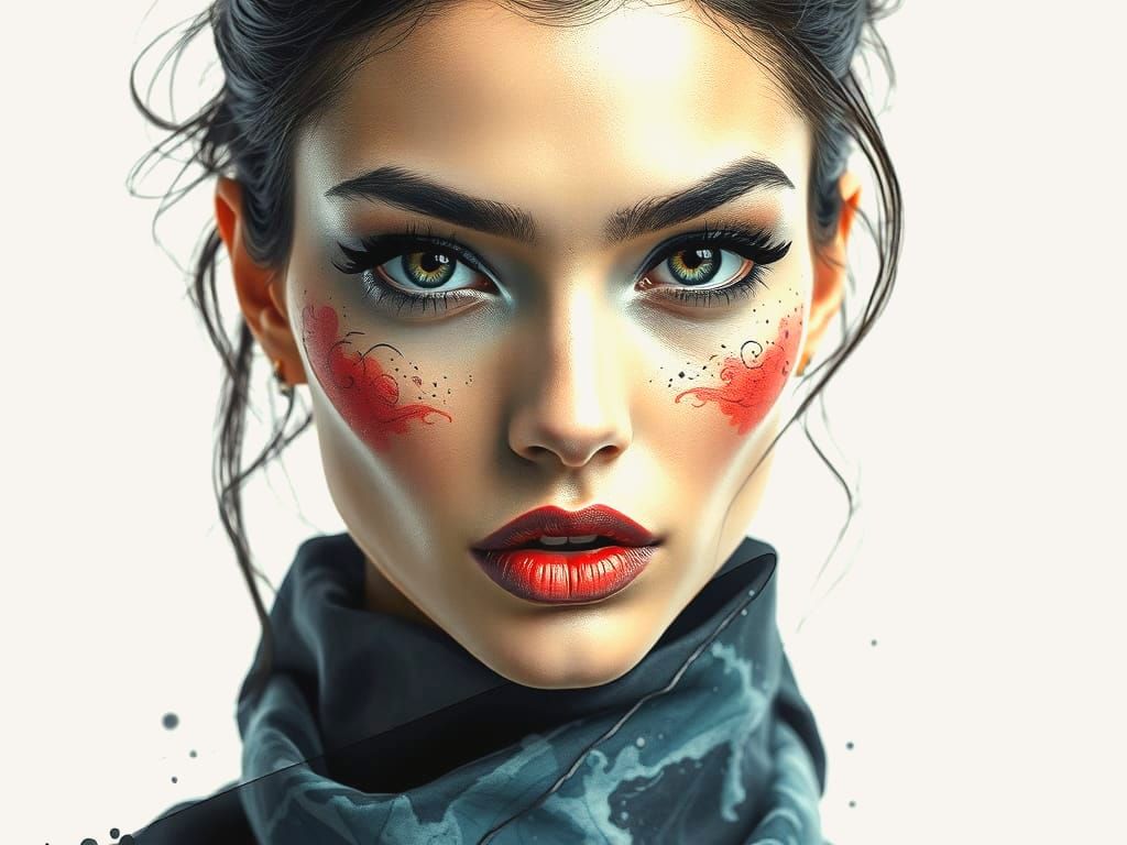 Avant-Garde Fashion Model with Ink Blot Face