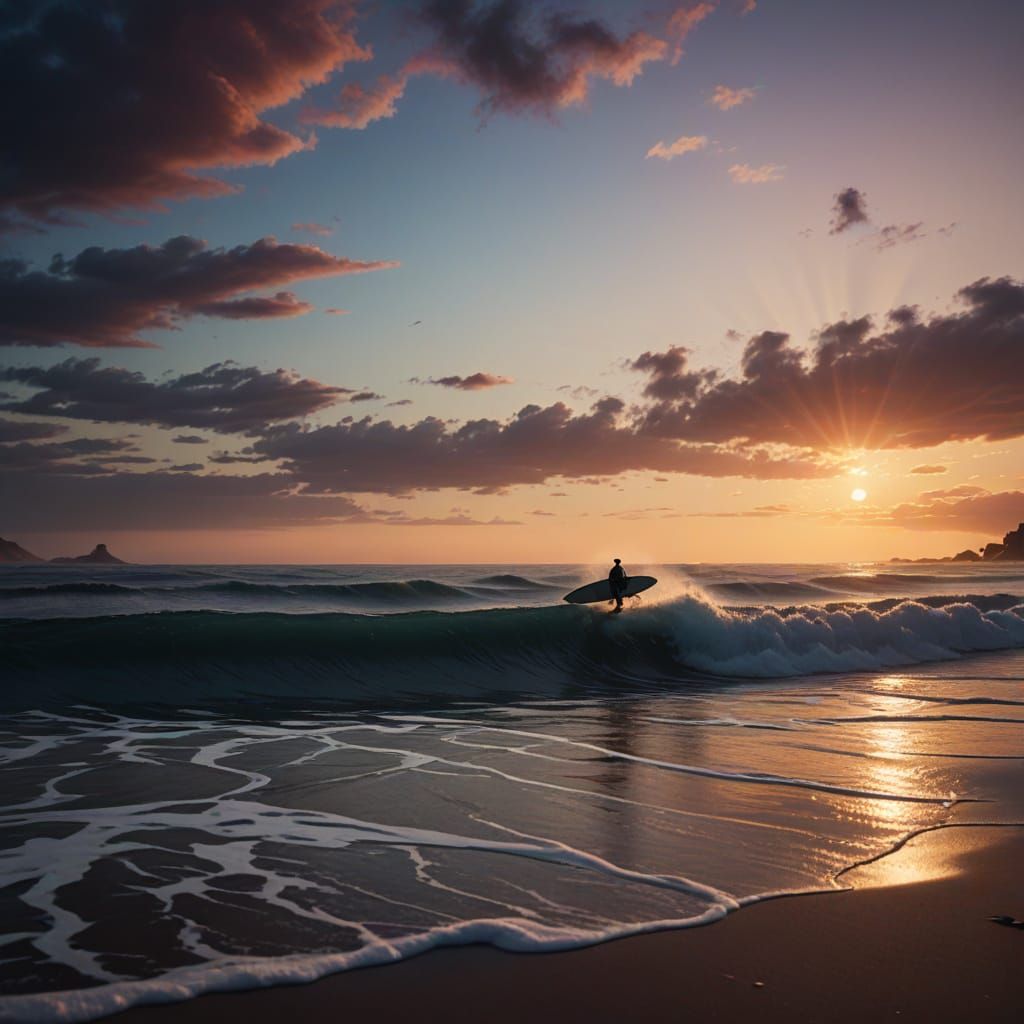Surreal Sunset Surf Scene in Hyper-Realistic Detail