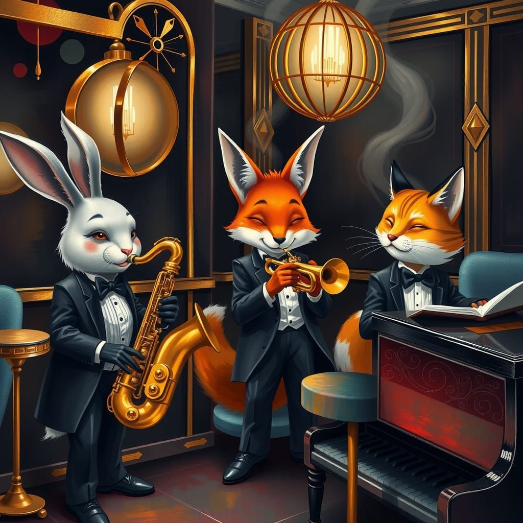 Animals Play Jazz in Art Deco Club, Oil Gouache Style