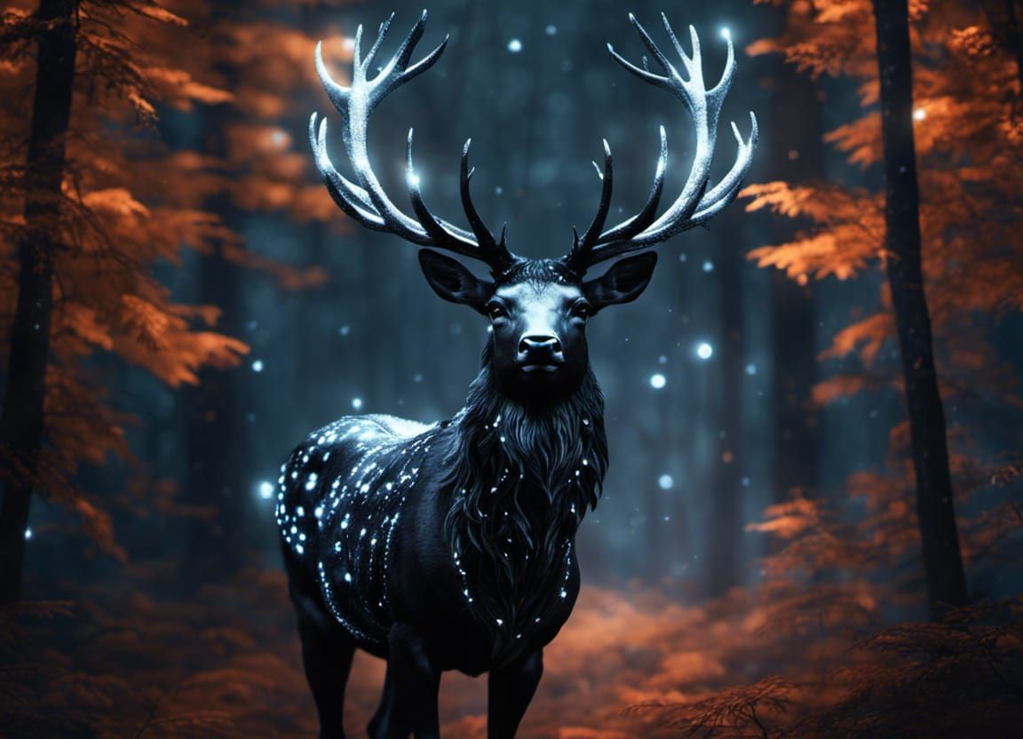 Heavenly Stag in Dark Forest: Digital Illustration