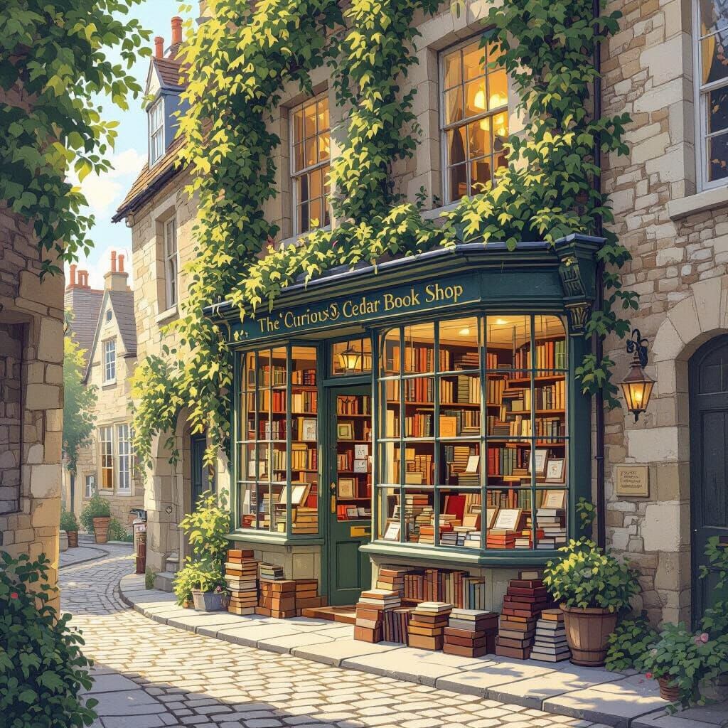 Charming Ivy-Covered Bookshop in Oxford, Illustrative Style