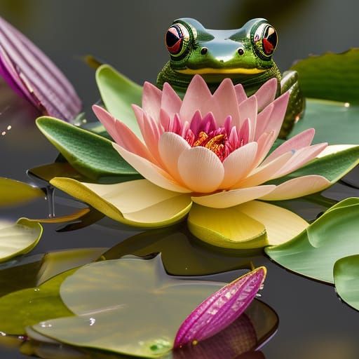 Luminous Water Lily with Frog: 3D Digital Art