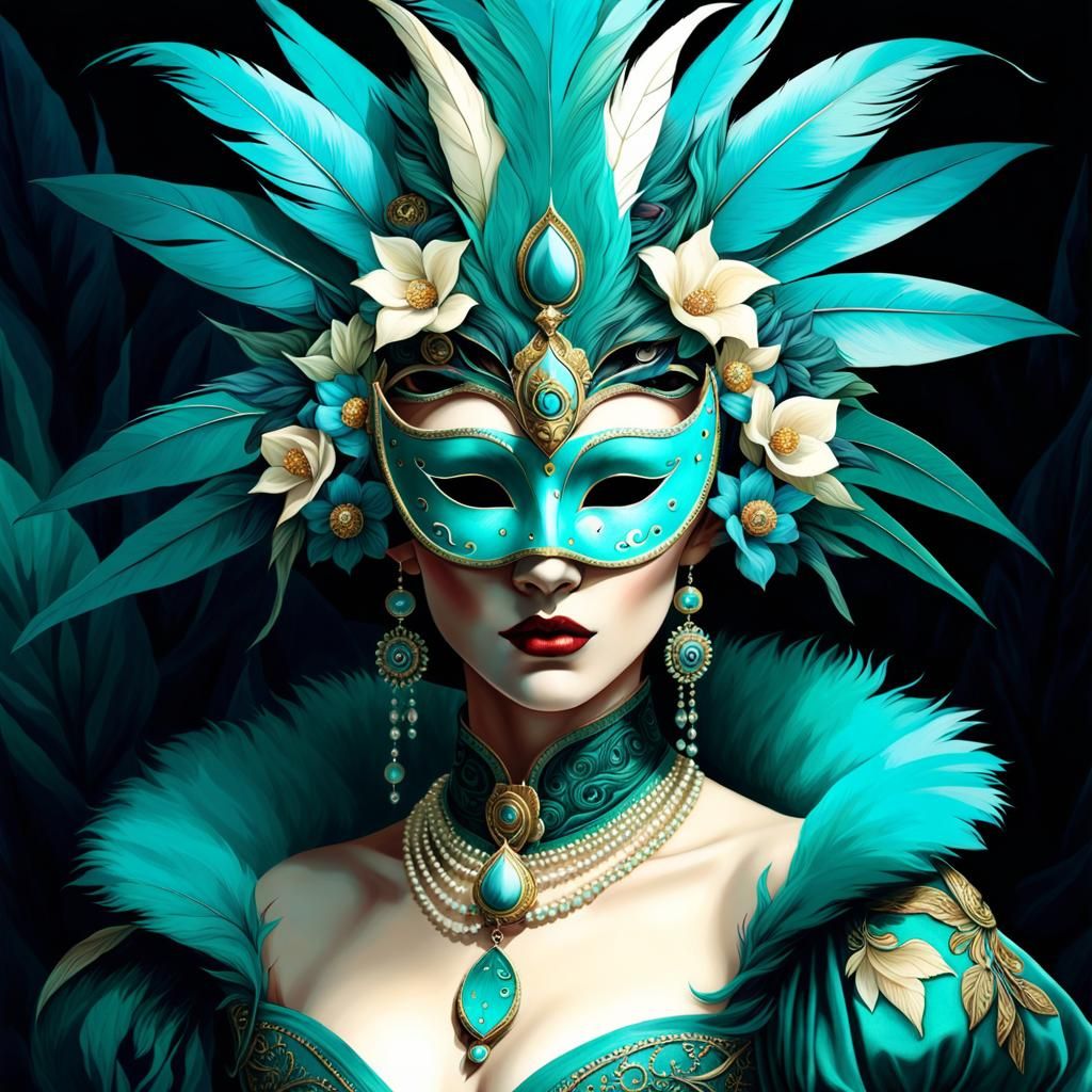 Teal Jewelpunk Figure with Venetian Mask