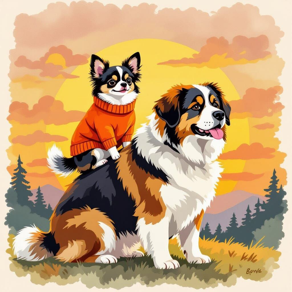 Chihuahua on Saint Bernard: Whimsical Watercolor Style