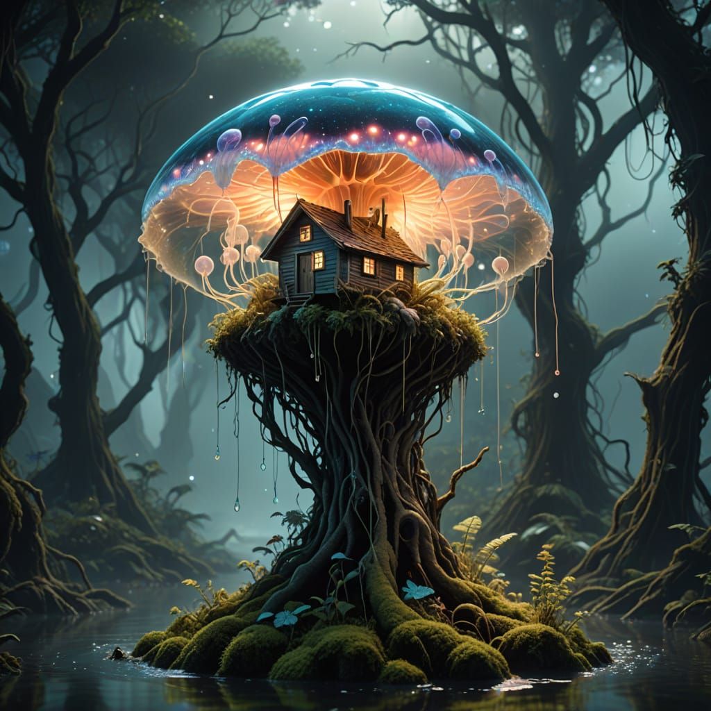 Alien Bird Bathing at Bioluminescent Birdhouse