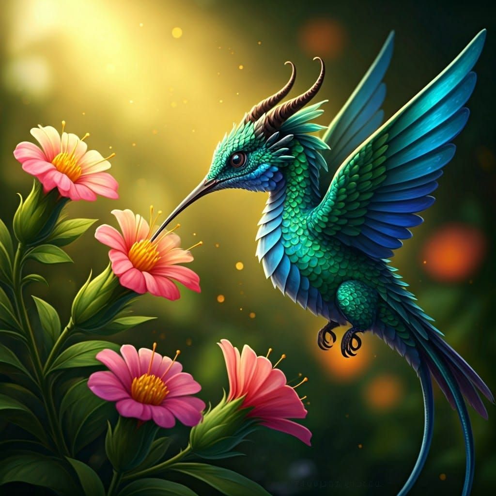 Hummingbird-Dragon in a Dreamlike Flower Garden