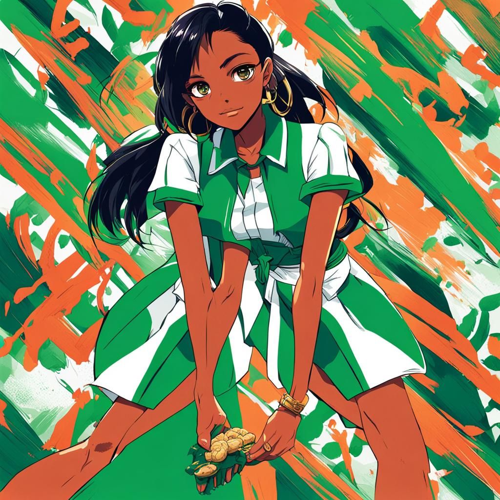 Brazilian Women in Green: Cel-Shaded Anime Style
